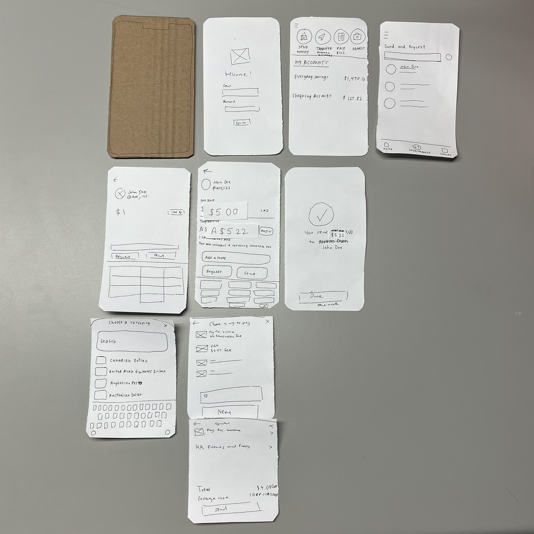 Paper Prototype Screens - Banking App Interface