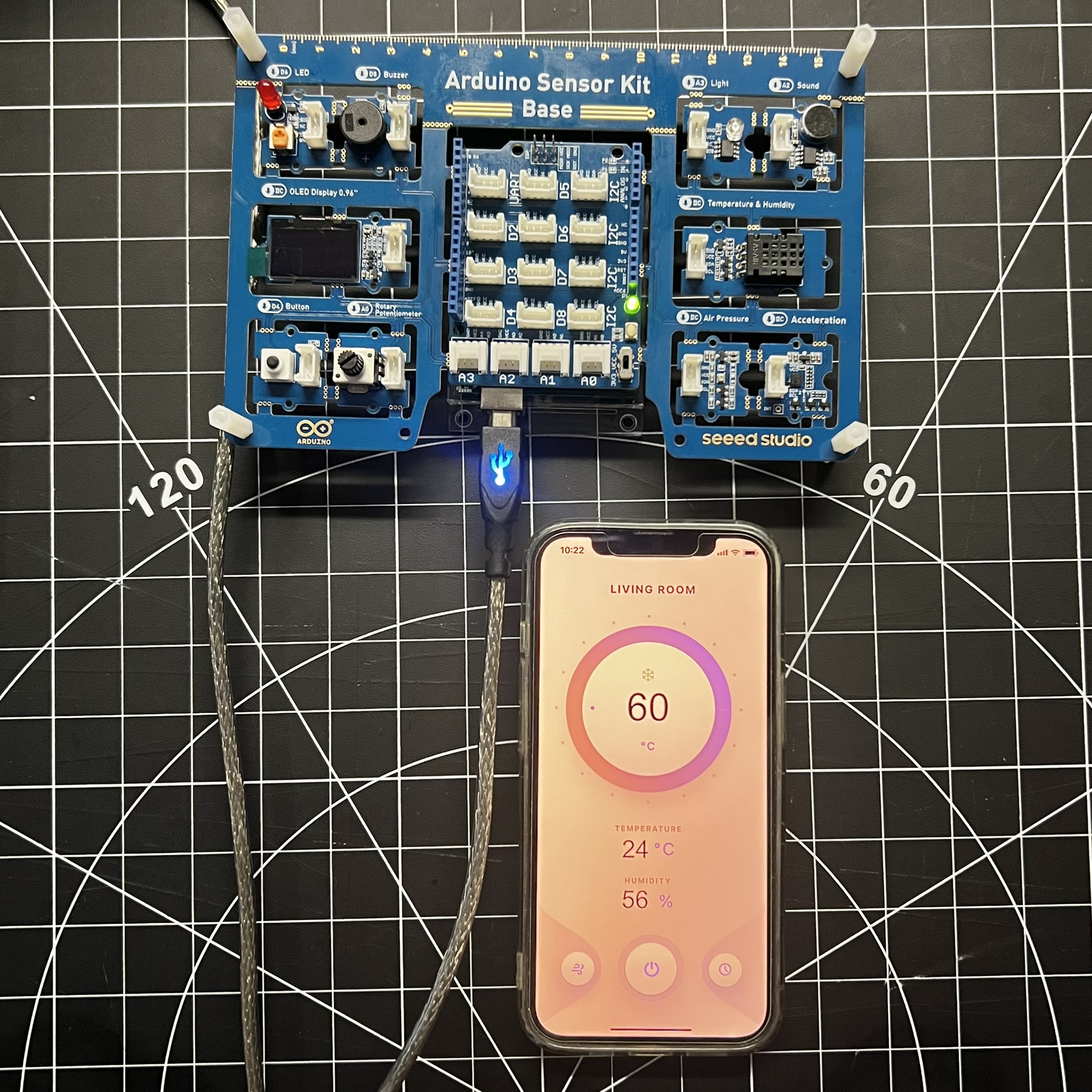 Arduino connected to ProtoPie Connect to control a temperature prototype.